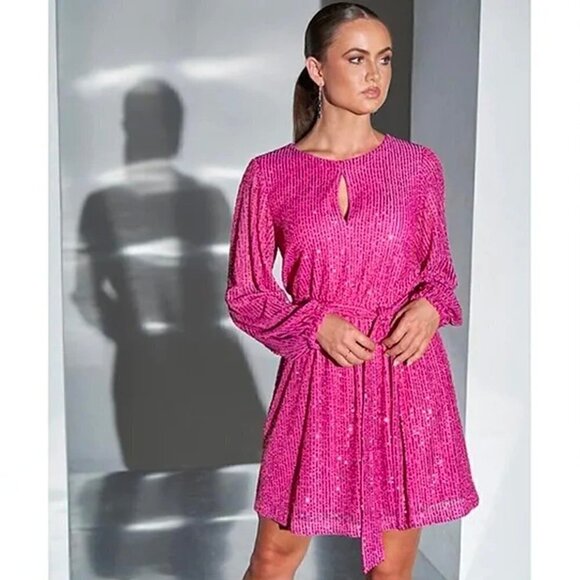 LDT Size 6 Pink Sequined Long Sleeve Short Dress Belted Pockets Cocktail A-Line - Picture 3 of 16
